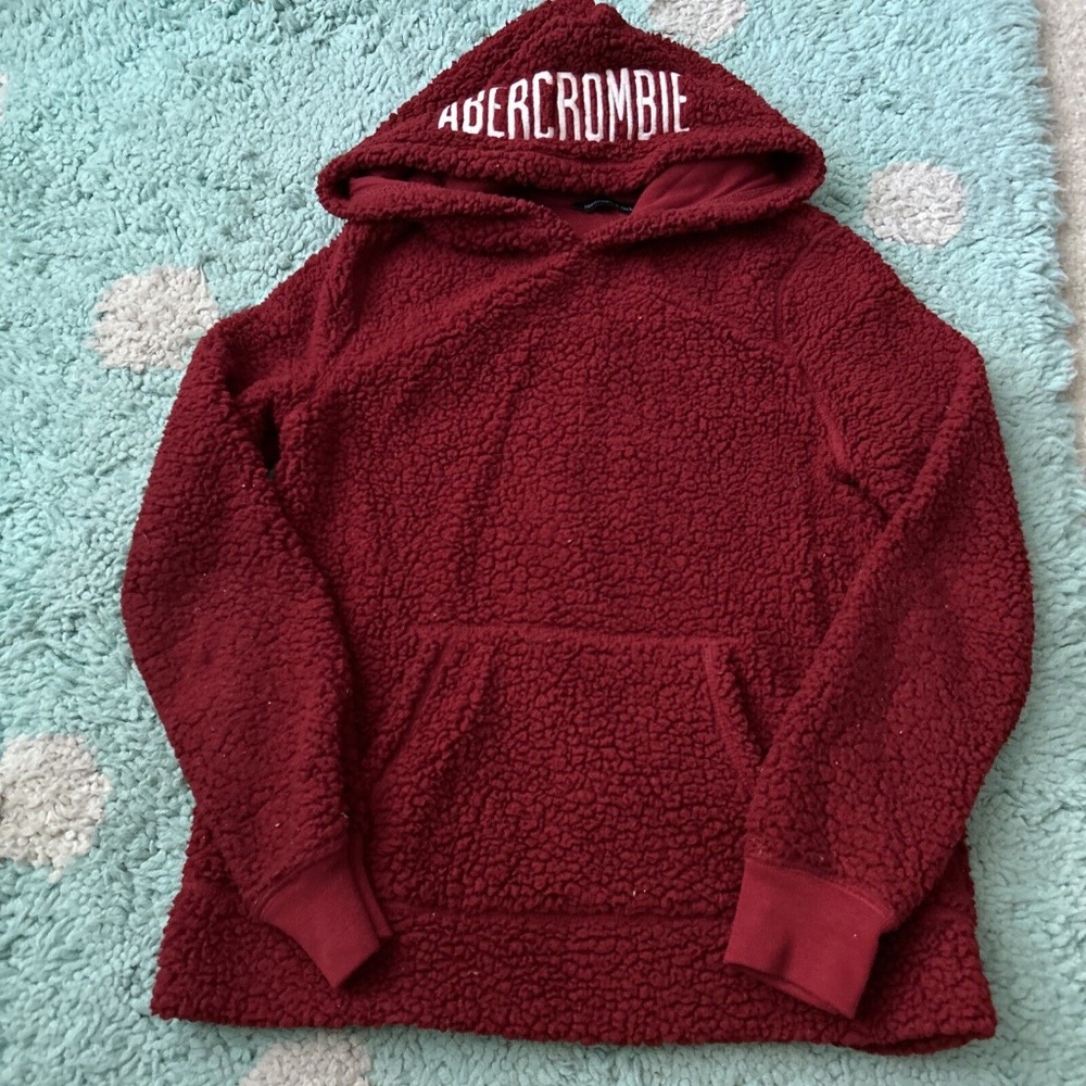 Abercrombie Women Sherpa Fleece Hoodie Pullover Sweatshirt XS Soft Pocket Red
